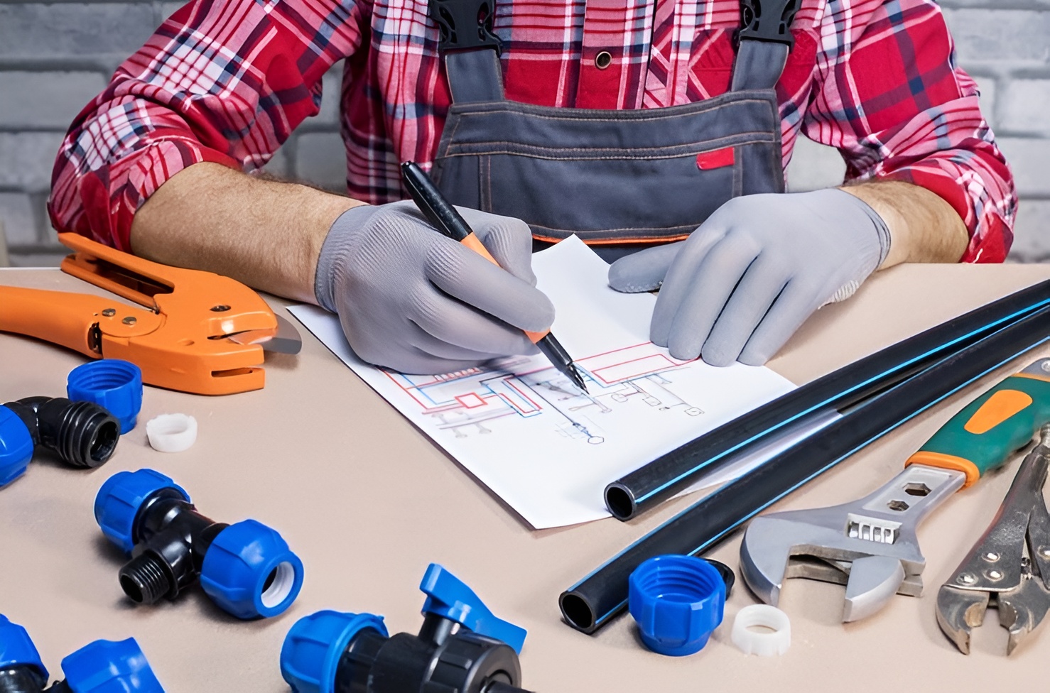 Licensed plumber reviewing building plumbing design plans in Northern Beaches construction site.