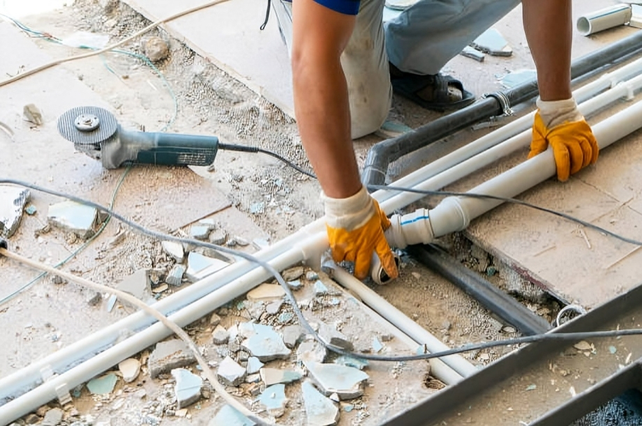 Plumbers installing rough-in pipes and drainage lines in Sydney construction project.