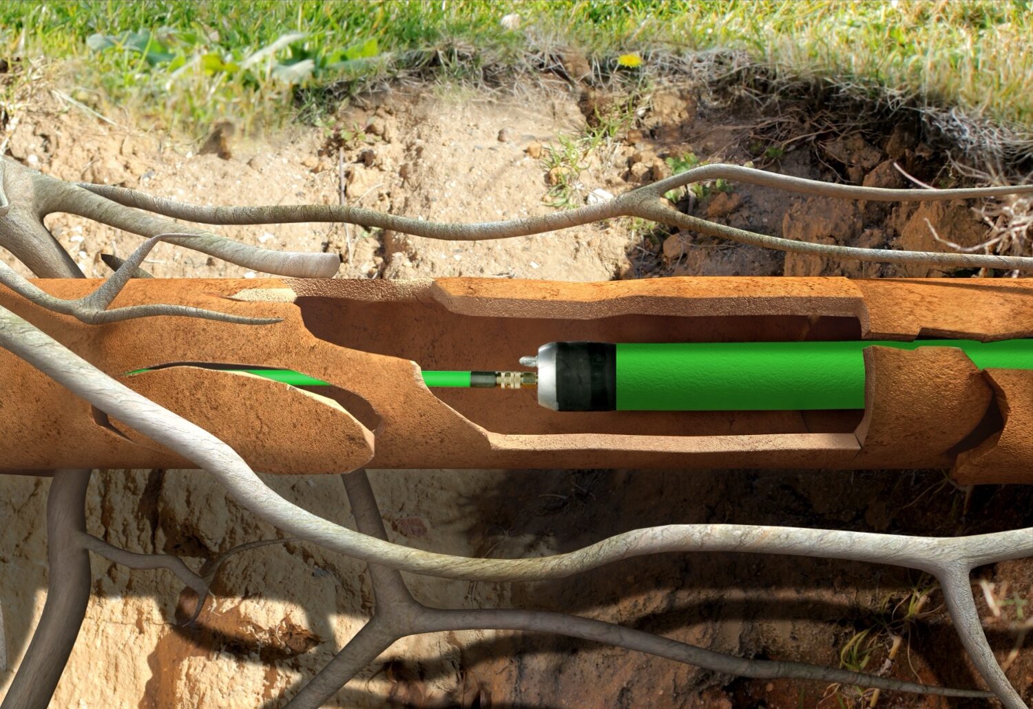 Cross-section of underground soil shows a green pipe with Patch Liner Installation using trenchless technology, surrounded by tree roots and earth layers.