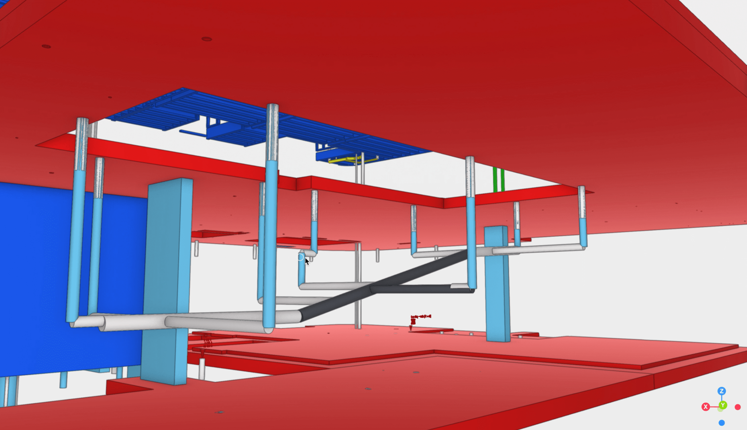 3D model illustrating building structural elements and Plumbing System Design, featuring red floors, blue columns, and various pipes suspended between levels.
