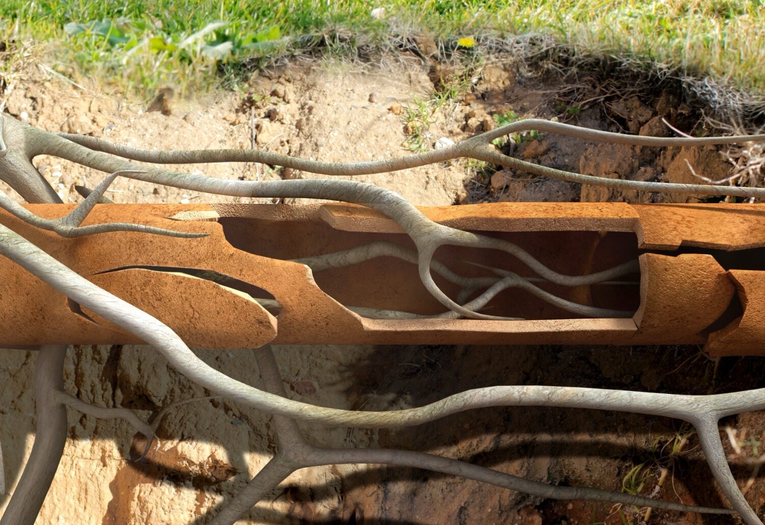 A cross-sectional view of tree roots growing through and breaking apart an underground clay pipe, revealed during a CCTV inspection and investigation, with soil and grass visible above.