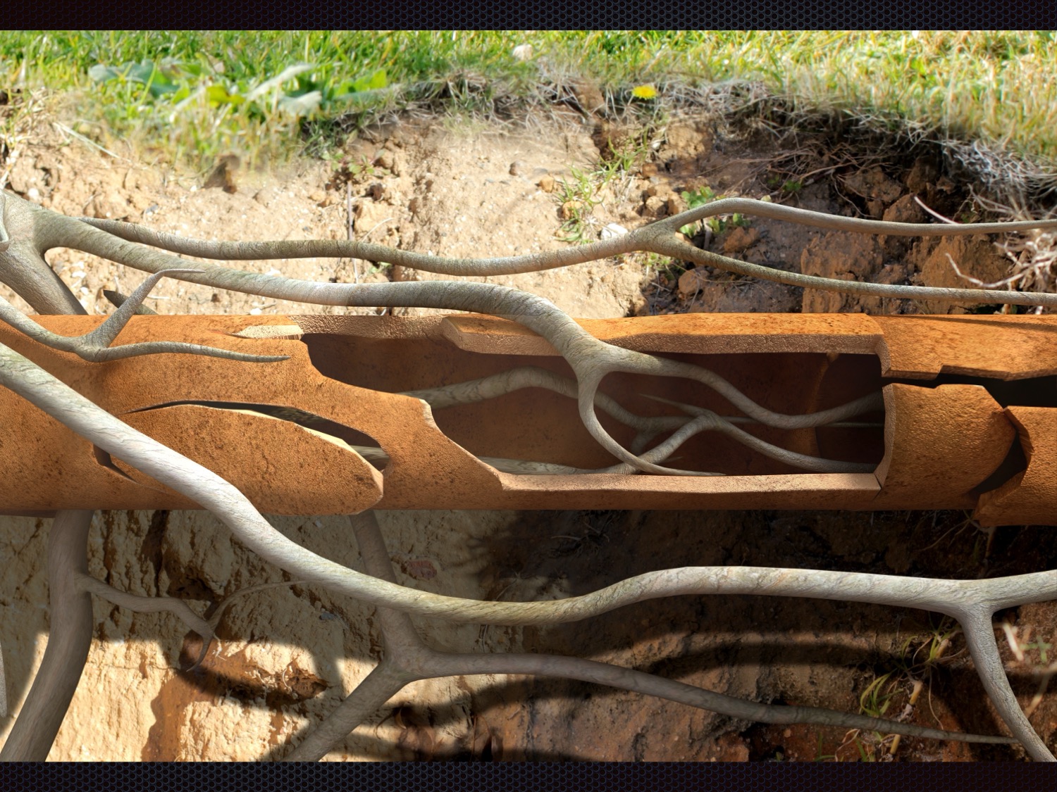 A cross-sectional view of tree roots growing through and breaking apart an underground clay pipe, revealed during a CCTV inspection and investigation, with soil and grass visible above.