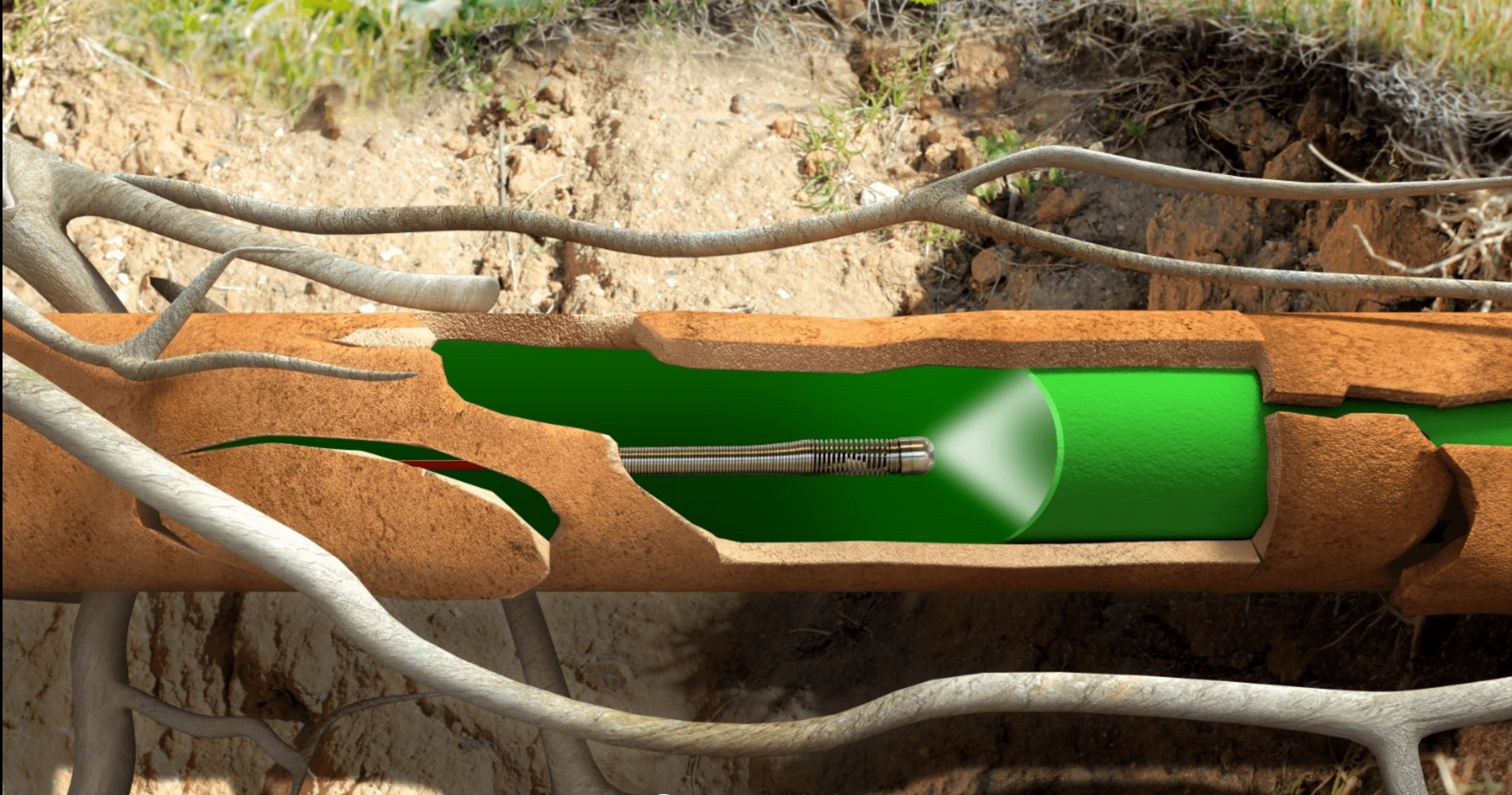Cross-section diagram showing a damaged underground pipe being relined with a green sleeve using trenchless technology, surrounded by soil and tree roots, with a final inspection ensuring quality and durability.