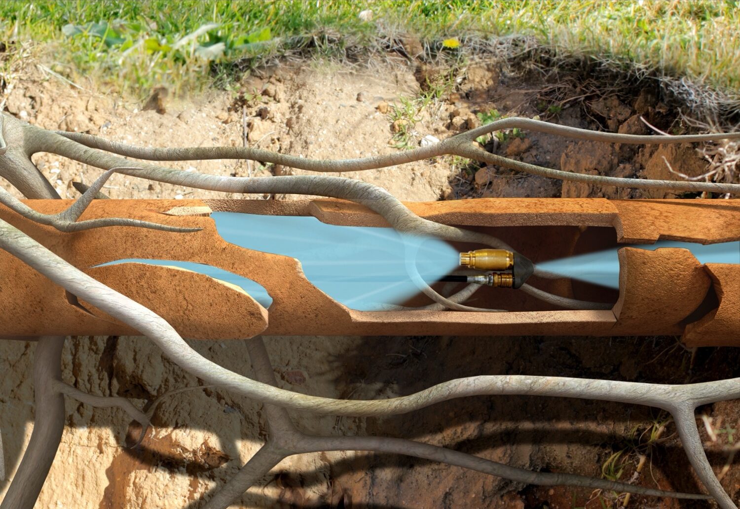 A cutaway view of a pipe underground shows water jetting from a drain cleaning & preparation tool inside, clearing tree roots that have invaded and cracked the pipe.