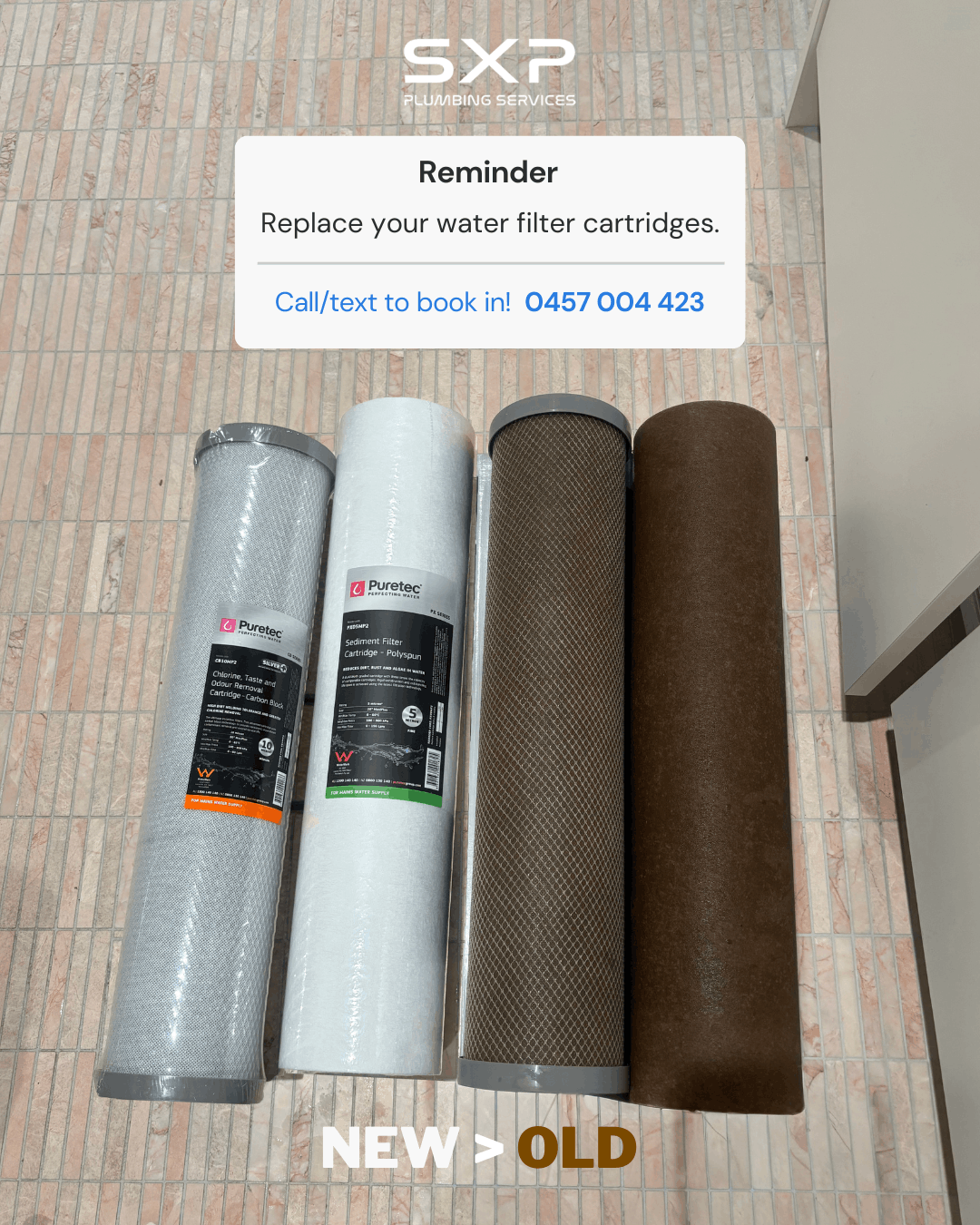 Four water filter cartridges—two new, two used—on tile. Text urges preventative maintenance, replace filters regularly.