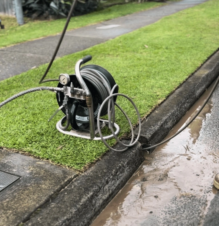 geotagged-hose-reel-pressure-gauge-blocked-drain-cleaning-768x792 - SXP Plumbing - SXP Plumbing Coiled hose reel on a small metal stand beside a grassy curb, with hoses hanging loose and a wet puddled curb nearby.